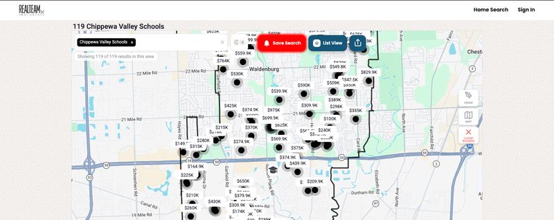 Preview of the map view of homes for sale in Chippewa Valley Schools district