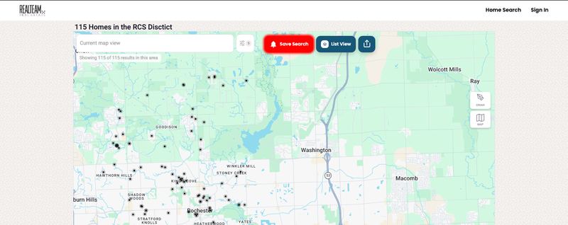 Preview of the map view of homes for sale in Rochester Community Schools district