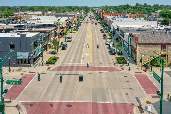 Aerial view of downtown Rochester Main Street
